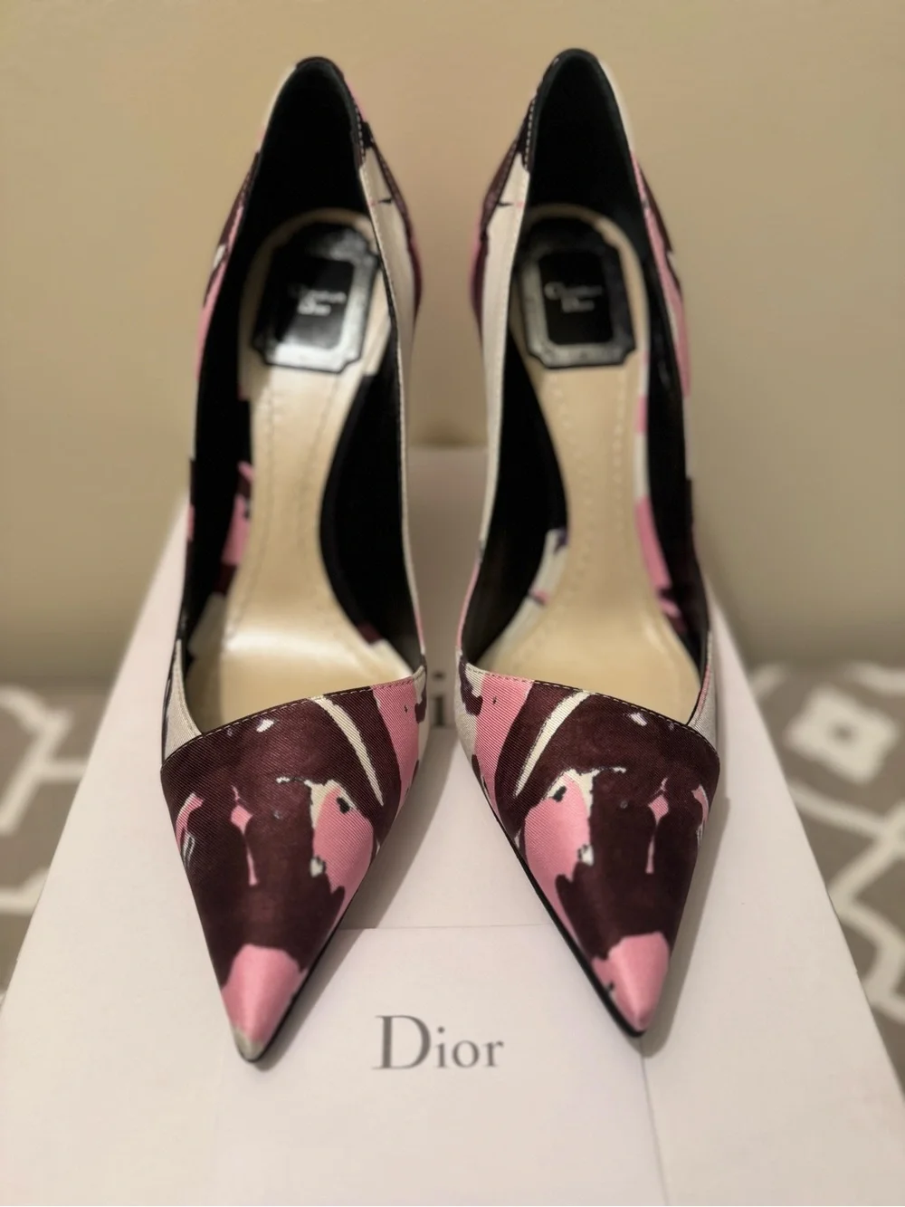 BNIB Christian Dior Songe Pink Burgundy Floral Satin Pumps Full Set Raf Simons